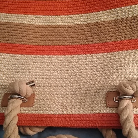 Orange & brown stripe beach tote  bag. - Picture 2 of 7